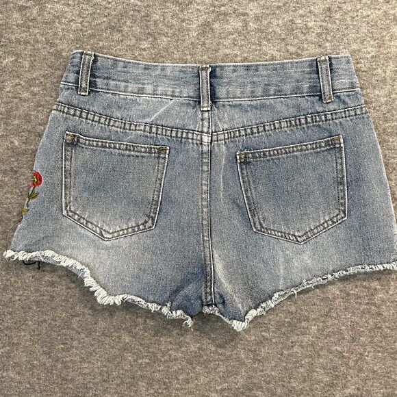 WAYAN | Raw Edge Denim Jean Shorts Floral Embroidery L/G Waist 27 Daisy Dukes - Picture 3 of 12